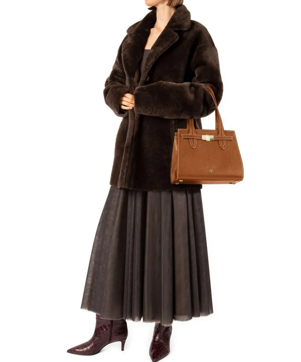 Farah M Schultertasche genarbtes Rindsleder braun