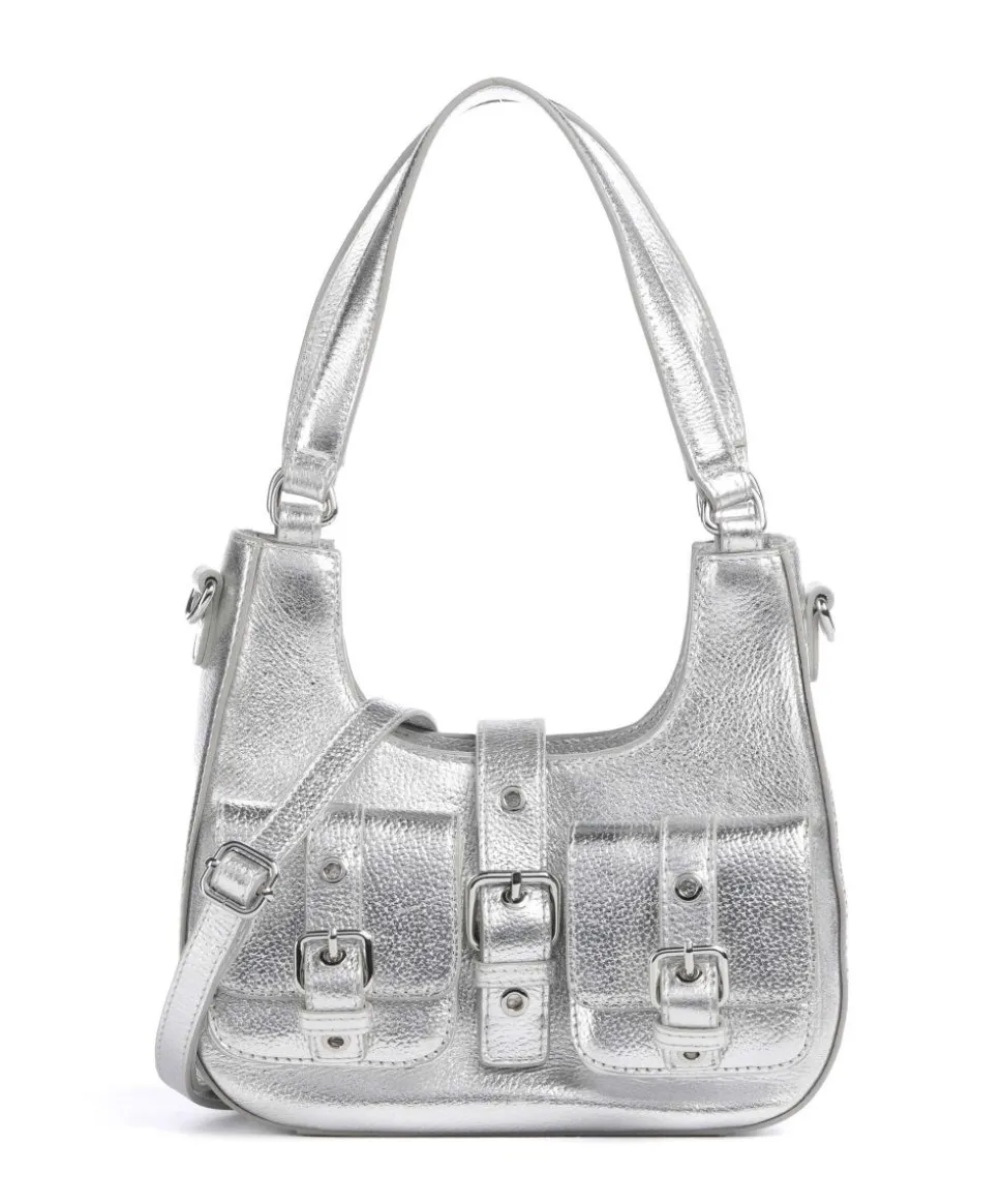 Metallic Small Alva Schultertasche genarbtes Leder silber