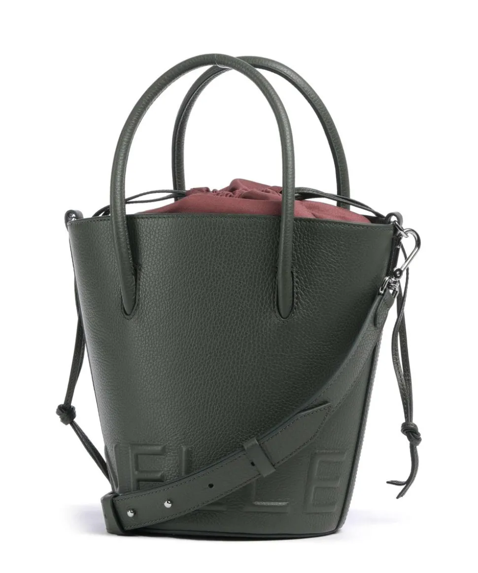 Myrtha Maxi Logo Bucket bag genarbtes Rindsleder graugrün