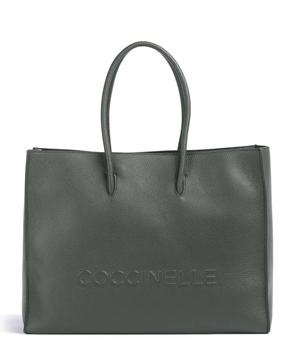 Myrtha Maxi Logo Shopper genarbtes Rindsleder graugrün