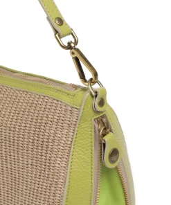 Oceania Pepita Schultertasche Bast, genarbtes Kalbsleder beige/grün