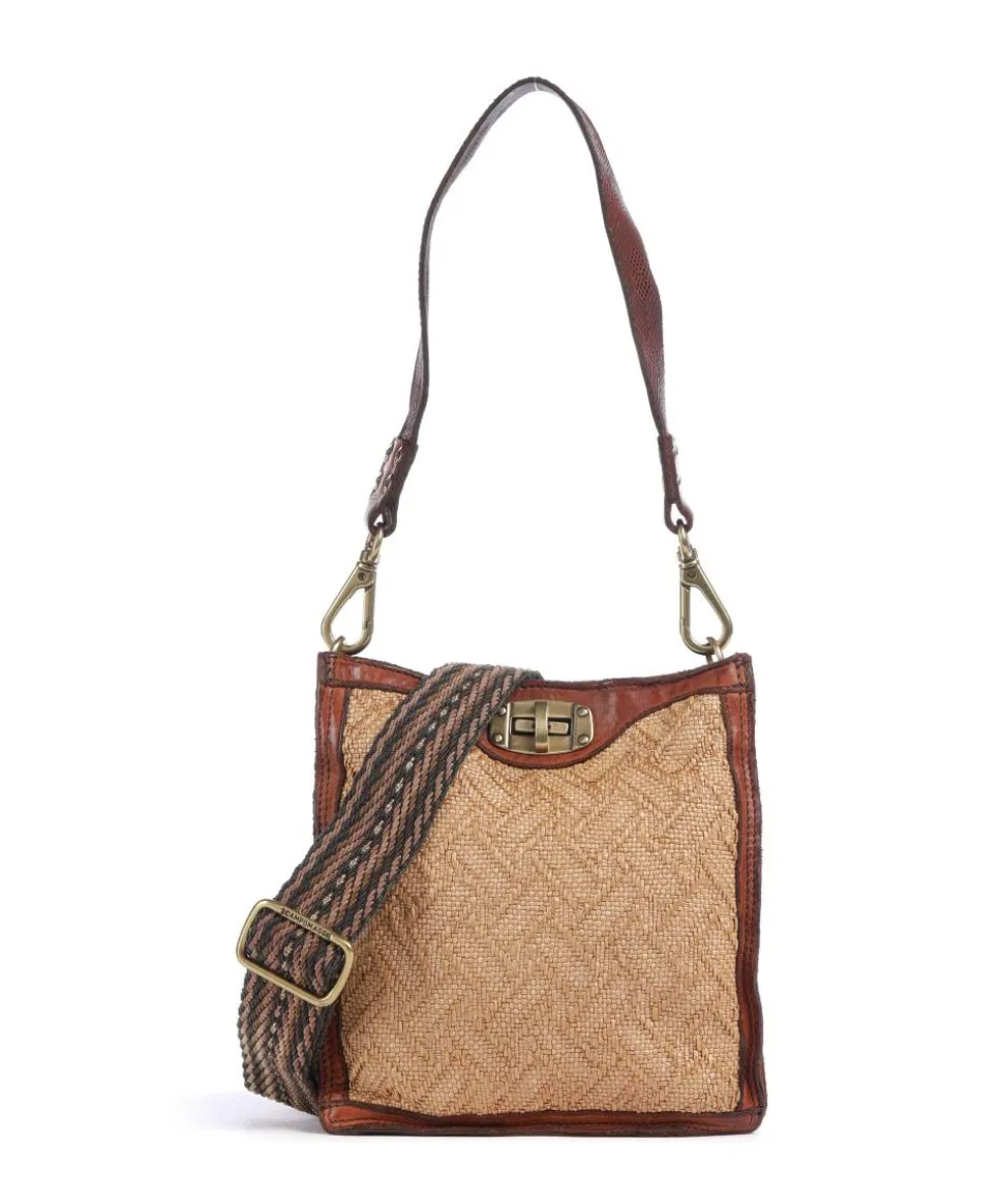 Schultertasche genarbtes Rindsleder braun/beige