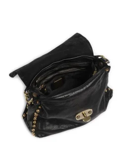 Schultertasche genarbtes Rindsleder schwarz