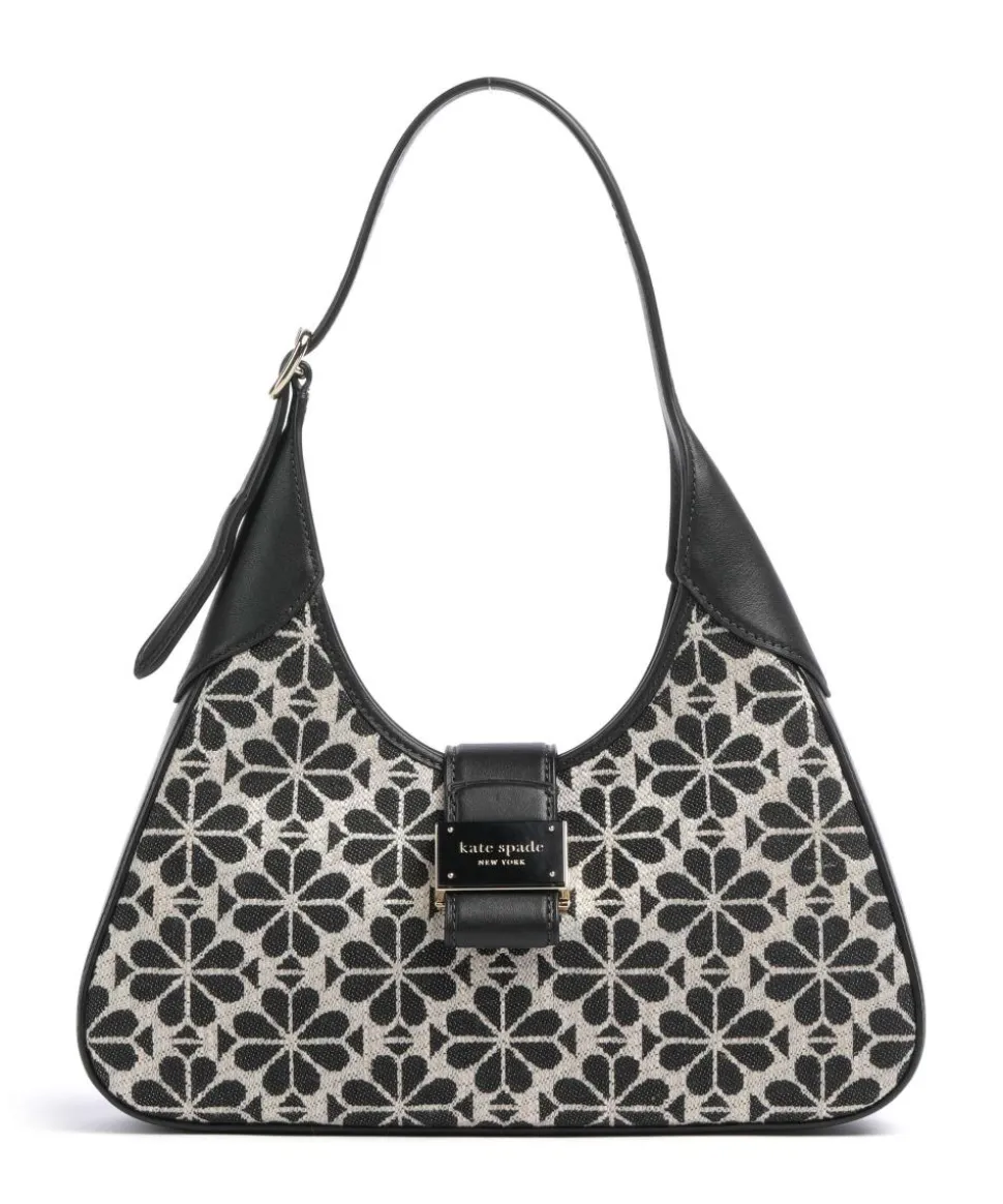 Spade Flower Jacquard Schultertasche Textil, fein genarbtes Rindsleder schwarz/beige