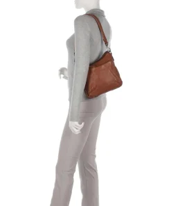 Washed Waxed Cow Caroline Schultertasche genarbtes Rindsleder cognac